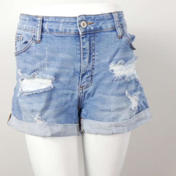 KanCan Medium Wash Distressed High Waisted Jean Shorts with Roll Up Cuff 13 30 - Picture 7 of 12